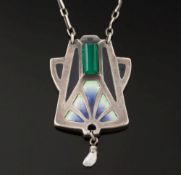 An early 20th century enamelled silver and gem-set pendant on chain:.