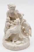 A parian figure group: Girl with Hunting Dogs modelled with a barefoot mother and son and a pair of