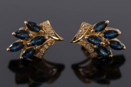 A pair of 18ct gold, sapphire and diamond mounted floral spray earrings:.