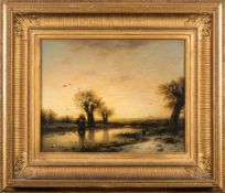 Eduard Hildebrandt [1817-1869]-
Winter Abend:- 
a frozen winter landscape, a woman carrying faggots,