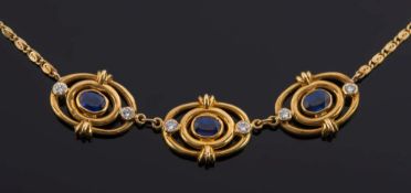 An 18ct gold, sapphire and diamond mounted necklace: with three oval,