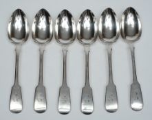 A set of six Victorian silver fiddle pattern table spoons, maker John Stone, Exeter,
