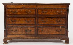 An early 19th Century oak and mahogany crossbanded rectangular mule chest:,