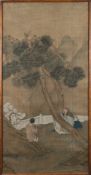A Chinese painted silk: depicting a scholar seated in a fenced garden beneath twin pine trees