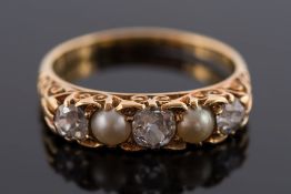 A Victorian gold, diamond and split-pearl five stone ring: with graduated, old-cut diamonds 0.