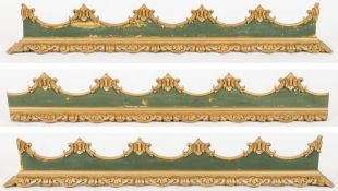 A set of three carved giltwood and green decorated rectangular pelmets:,
