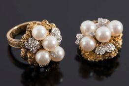 A cultured pearl and diamond mounted cluster ring with matching brooch: each with four cultured