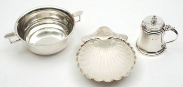 A silver shell shaped dish, a two handled bowl and mustard pot:, various makers and dates,