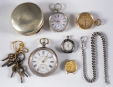 A lady's 18ct gold fob watch, a 9ct gold wristwatch, three pocket watches,