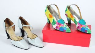 A pair of Charles Jourdan silk court shoes (size 5.5) and a pair of pale blue leather ladies shoes:.