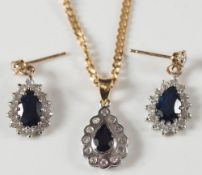 A sapphire and diamond pear shaped pendant on 9ct gold curb-link chain,