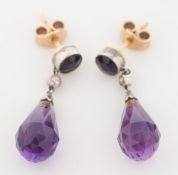 A pair of amethyst and diamond drop earrings:,