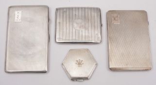 Three silver engine turned cigarette cases: and a hexagonal powder compact,