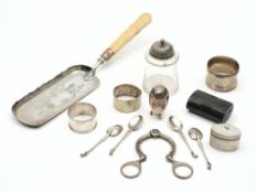 Assorted silver napkin rings, coffee spoons, pepperette: various makers and dates,