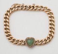 A gold hollow curb-link bracelet: with a seed-pearl and chrysoprase heart-shaped cluster.