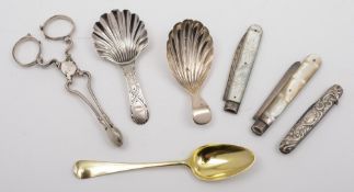 Three silver and silver and mother of pearl fruit knives:, a Georgian silver gilt teaspoon,