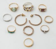 A three-colour 9ct gold rope-twist ring, a similar pair of hoop earrings,