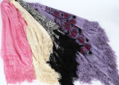 Two printed silk shawls with fringe borders, together with two other silk shawls:, (4).