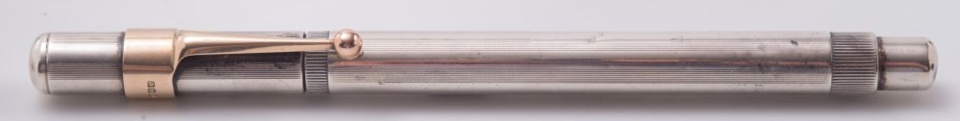 A silver and 9ct gold mounted ink pen: marks worn for gold and silver, together with fitted case.
