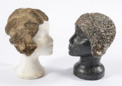 A 1920s period gold braid wig together with a sequin cap and two polystyrene hat mannequins:.