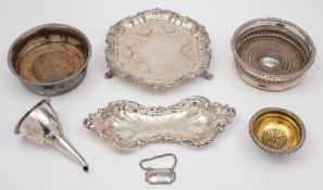 A group of 19th century plated items: to include a salver, wine funnel, two coasters,