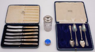 A Victorian silver mounted pepperette, London 1842, a silver and enamel rouge pot,