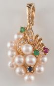 A multi-gem set, diamond and cultured pearl cluster pendant: in the form of grapes.