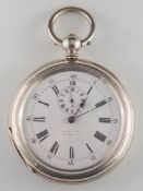 A gentleman's late 19th century silver-cased open-face alarm pocket watch:,