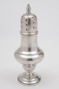 A George V silver sugar caster, maker Martin Hall & Co, Birmingham, 1911:, of plain baluster form,