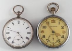 Jaeger le Coultre. A military issue pocket watch and a silver-cased open face pocket watch:.