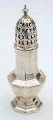 A George V silver sugar castor, marks worn: of octagonal baluster outline,