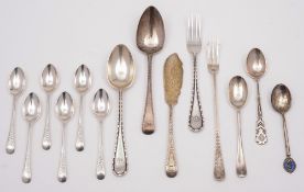 A collection of silver flatwares: to include a Christening spoon and fork, Sheffield 1913,