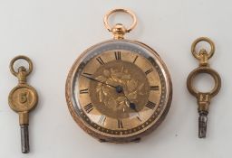 A 15ct gold cased, open face pocket watch:, the dial with Roman numerals and foliate design,