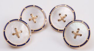A pair of enamelled gold and mother of pearl circular cuff-links:.