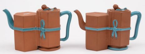 Two Watcombe (Torquay) pottery teapots attributed to Christopher Dresser: of ribbon bound double