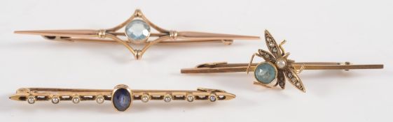 Three various gold and gem set bar brooches to include a 9ct gold 'insect' bar brooch,