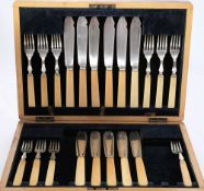 A set of ten faux ivory handles fish knives and matching forks: contained in a mahogany canteen.