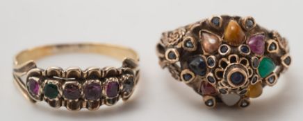 An '18k' stamped gold and gem-set harem ring and a gold and gem-set 'regard' ring:.