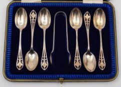 A set of six George V silver teaspoons and matching tongs, maker JR, Sheffield, 1912: initialled,