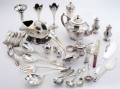 Assorted plated wares: including spoon warmer, cruet set, vases, soup ladle and other items.