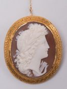A gold and oval shell cameo portrait brooch: depicting woman and harp, approximately 47mm long.