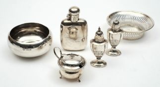 A George V silver sweetmeat dish, Chester,1914: a silver sugar bowl, hip flask and cup ,