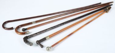 Four walking canes, a riding crop and a regimental cane:.