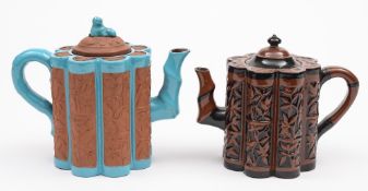 Two Watcombe (Torquay) pottery 'bamboo' moulded teapots: each of octofoil form moulded with bamboo