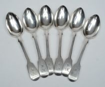 A set of six Victorian silver fiddle pattern dessert spoons, maker John James Whiting, London,