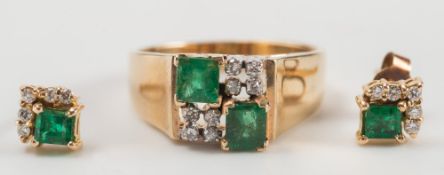 A modern emerald and diamond cluster ring, the shank stamped '18' and a pair of matching ear-studs:.