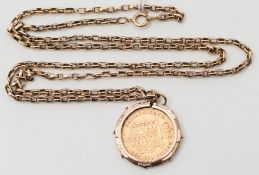 A Victorian half sovereign dated '1871', mounted as a pendant on 9ct gold, oval-link chain:.