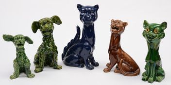 A chorus of Aller Vale (Torquay) pottery cats and two grotesque 'weeping' dogs: comprising a seated