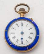 A lady's blue enamel fob watch:, the white enamel dial with Roman numerals,