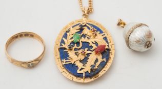 A lapis lazuli and multi gem-set oval pendant depicting dragon and bird, on curb link chain,